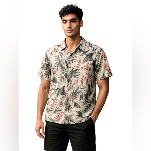 Lucky Brand Men’s Tropical Print Short Sleeve Linen White Blue Shirt Size L NWOT - Picture 1 of 7